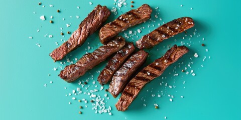 Floating grilled steak strips with a sprinkle of salt on a vibrant cyan background