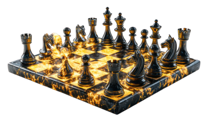 An enchanted medieval chessboard, knights, bishops, and kings carved from obsidian and gold,