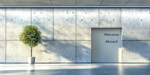 Welcome Aboard sign on a light coloured textured wall with plants. Use for induction materials, office decor and motivational messages.