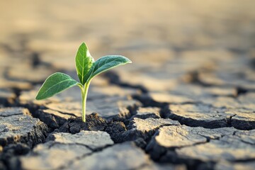 Single Green Plant Emerging from Cracked Dry Surface Symbolizing Resilience and Hope