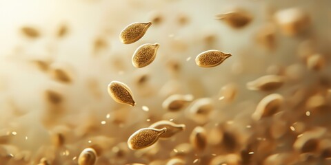 Floating hemp seeds with tiny, smooth brown grains on a soft beige background
