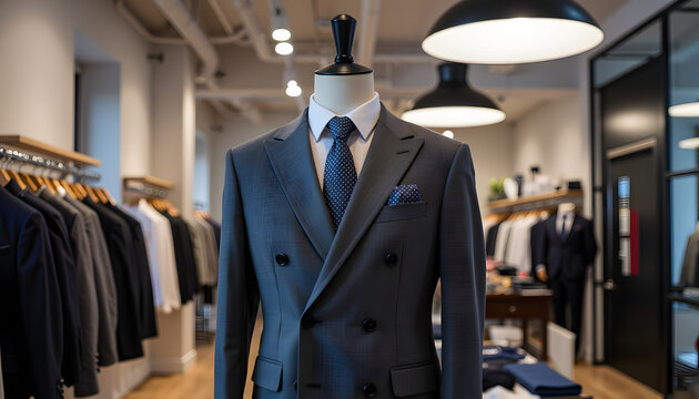 Stylish charcoal double-breasted suit on mannequin in modern store, fashion display