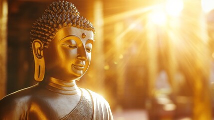 Serene buddha statue illuminated by golden sunlight tranquil temple setting close-up photography spiritual environment peaceful viewpoint