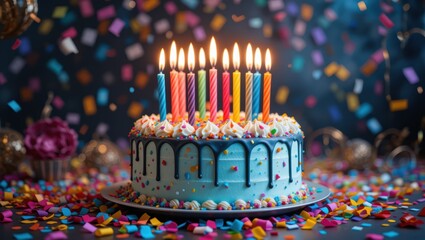 Colorful Birthday Cake with Lighted Candles Surrounded by Confetti and Party Decorations