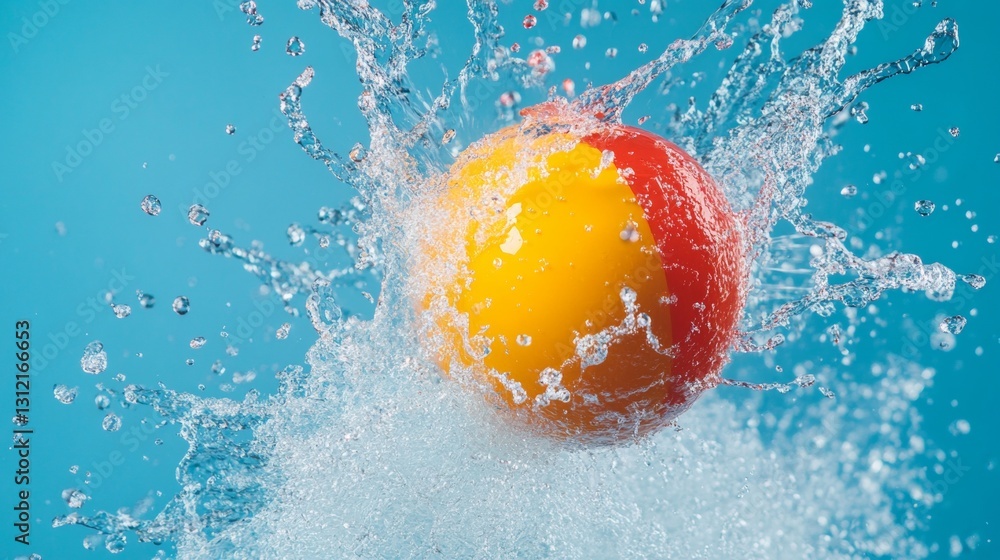 Poster dynamic splash of colorful ball studio setting high-speed photography bright environment close-up vi