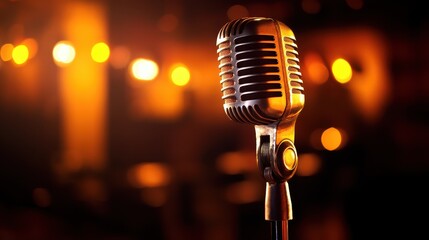 A vintage audio microphone set against a stage with a blurred lights background.