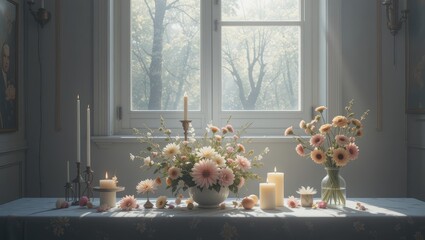 Beautiful Floral Arrangement with Candles on Table in Sunlit Room Surrounded by Nature