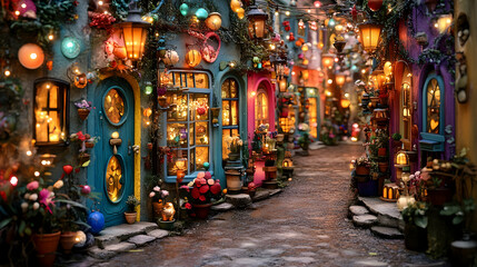 Naklejka premium Enchanted Colorful Street at Night with Glowing Lanterns