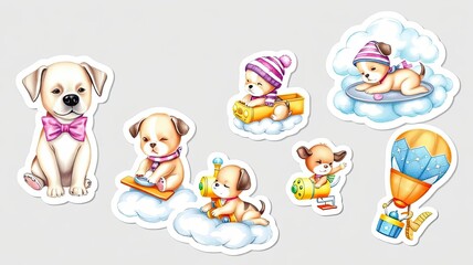 Fototapeta premium Adorable Puppy Stickers Cloud Train Surfboard Hot Air Balloon Designs