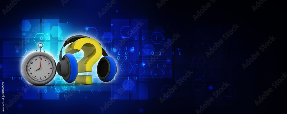 Poster 3d rendering question mark connected headphone with clock