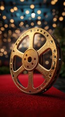 Obraz premium Vintage film reel resting on a red carpet with blurred decorative lights creating an elegant atmosphere