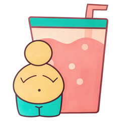 Chubby character next to a large drink illustration.