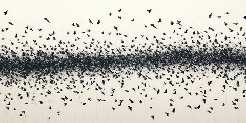 A captivating black-and-white illustration depicts a precise flock of birds soaring symmetrically across the sky, predominantly gliding leftward with dynamic elegance and intricate detail