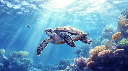 Obraz premium Sea turtle swimming across a coral reef, sunlight penetrating the clear blue water generative ai