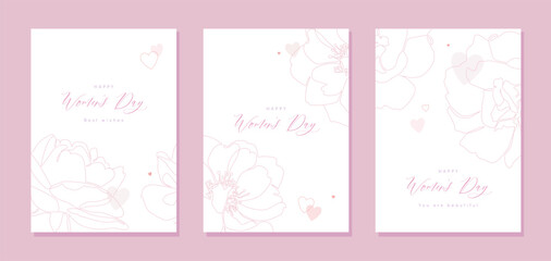 Women's Day elegant greeting card set. Continuous line rose flower illustrations in minimalistic style simple design. Floral vertical template in vector