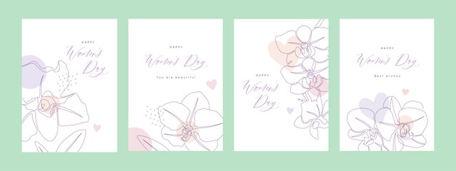 Happy Women's Day. Set of greeting cards with orchid flowers in vector. Trendy elegant continuous line floral illustrations and design templates for March 8th