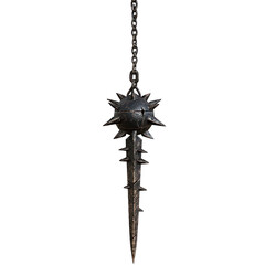 Medieval mace and chain weapon with spikes, hanging mid-air, detailed texture, isolated on a white or transparent background