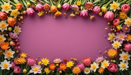 Spring Flower Frame Background with Tulips Daffodils and Copy Space