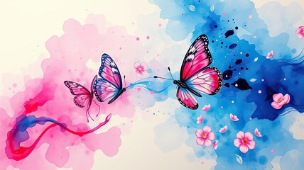 Pink Blue Butterflies Watercolor Art Print Floral Design Nature Spring