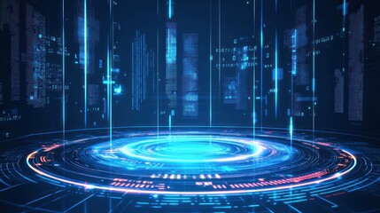 Futuristic digital platform with glowing rings and city background
