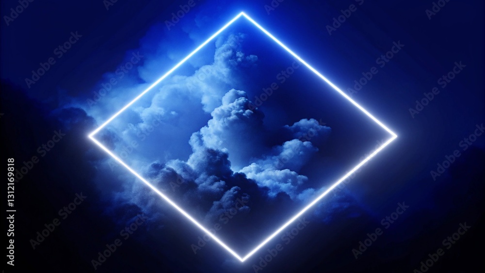 Aufkleber 3d rendering, abstract futuristic background with neon geometric shape and stormy cloud on night sky