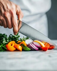 Chef Slicing Fresh Vegetables with a Sharp Knife