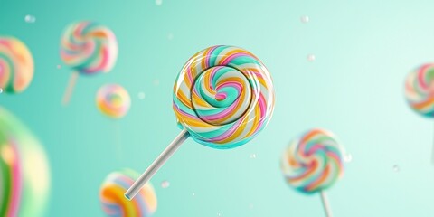 Floating lollipops with rainbow stripes on a soft mint green background