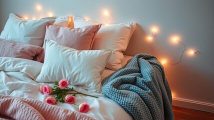Cozy Bedroom Decor Pink Pillows Roses String Lights