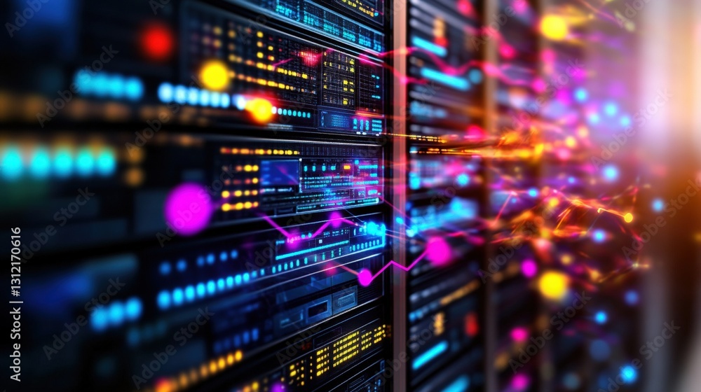 Poster a modern server rack filled with various high-tech servers in a data center environment showing conn