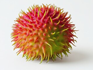 Single whole rambutan fruit with a bright red and green hairy skin, placed on a white background. 