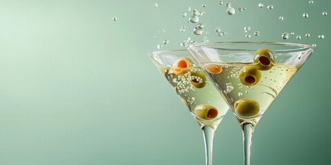 Floating martini with olives on a soft pistachio green background
