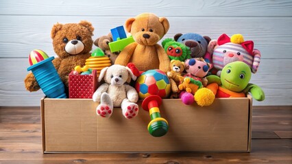 A charity donation box overflowing with a colorful assortment of toys including building blocks dolls and stuffed animals , children's items, charity
