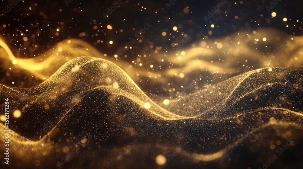 Poster illuminating golden waves of sparkling particles abstract artwork digital space ethereal environment