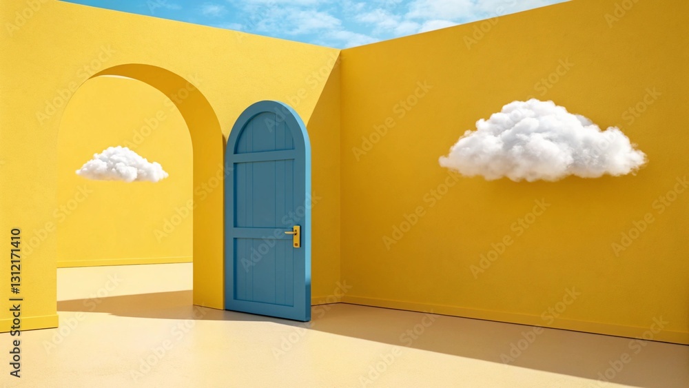 Poster 3d render, abstract minimal yellow background with white clouds flying out the tunnel. abstract sunn
