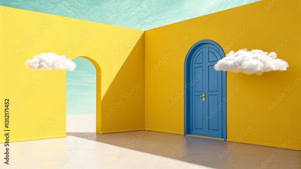 Poster 3d render, abstract minimal yellow background with white clouds flying out the tunnel. abstract sunn