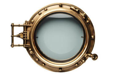 Obraz premium A round ship porthole with brass framing, isolated on a empty plain background