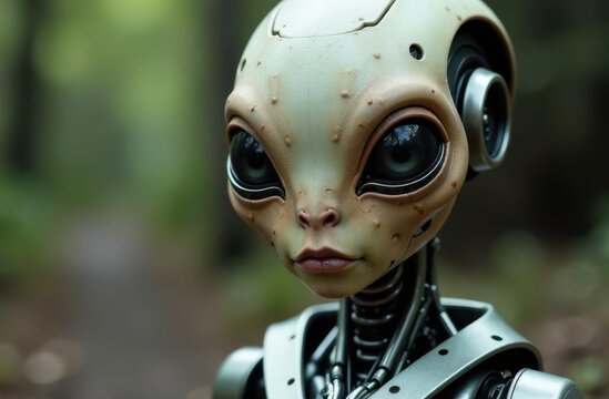Advanced alien robot exploring a forested area in a gigapixel image