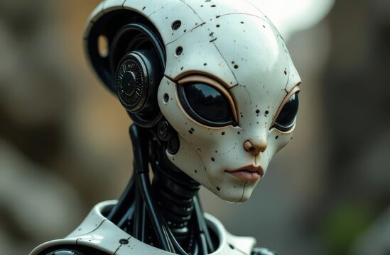 Unique alien figure with detailed features, captured outdoors
