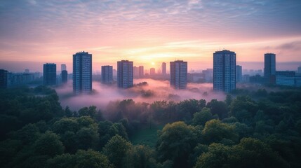 Obraz premium Misty cityscape sunrise over park