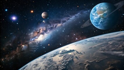 Earth, planets, and nebula in space