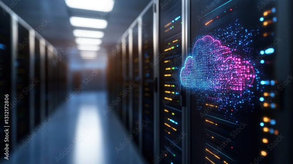 Poster a high-tech server room featuring multiple racks of servers and a prominent cloud computing symboliz