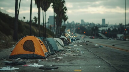 Homeless Encampment Along Urban Roadway Amidst City Skyline