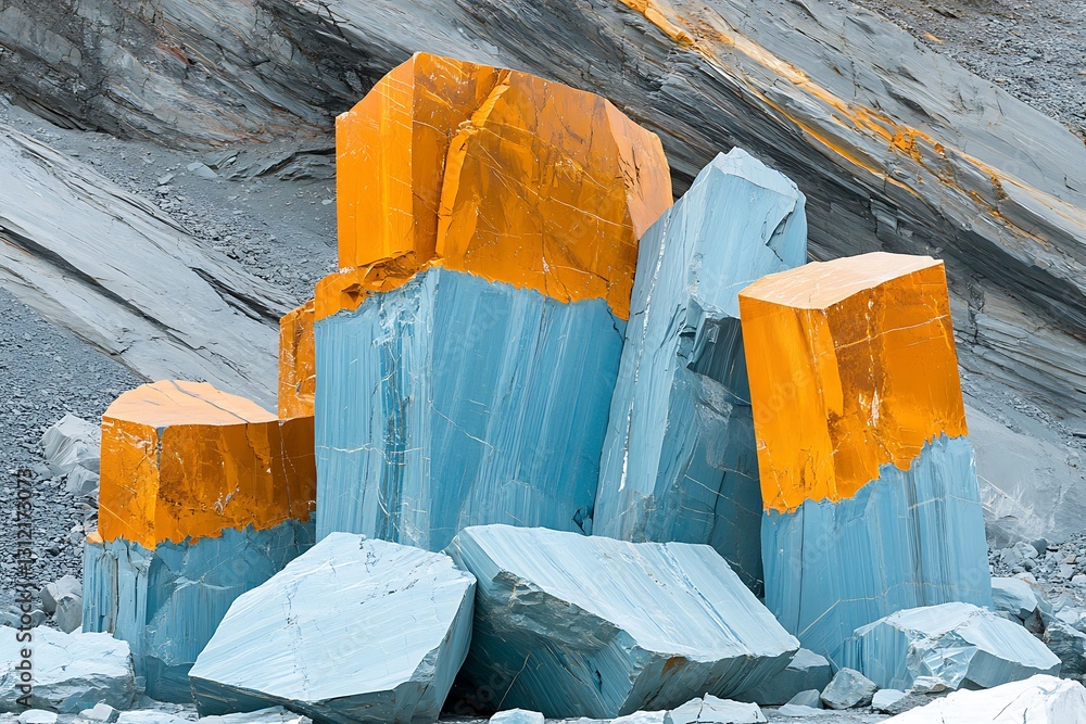 Poster surreal rock formations featuring bold color blocking in a quarry setting