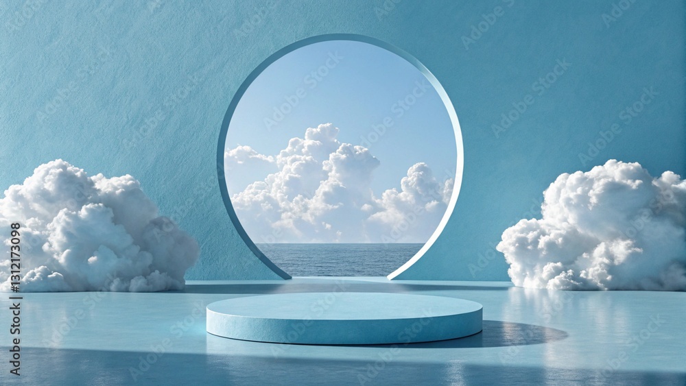 Poster 3d render blue background with white clouds flying in front of circle shape. minimal scene empty, bl