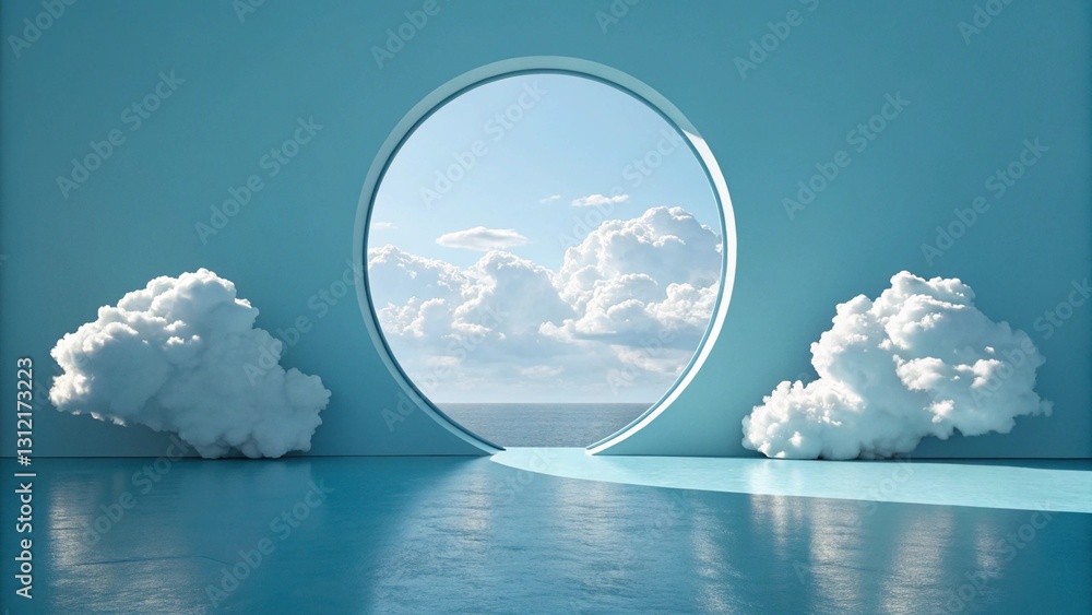 Poster 3d render blue background with white clouds flying in front of circle shape. minimal scene empty, bl
