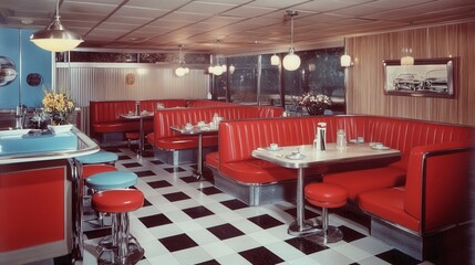 A vintage photo capturing the essence of a 1950s American café, showcasing retro interior design with classic red booths, checkered floors, and nostalgic decor.