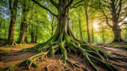 Fototapeta premium Deciduous tree with exposed roots in a natural forest environment, rustic, decay, rustic, decay, earthy, deciduous trees