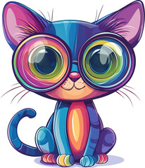 Colorful Cat Character with Large Glasses, Whimsical Art Style, Big Eyes, Playful Expression, Cartoon Illustration, Cute Feline Design for Kids