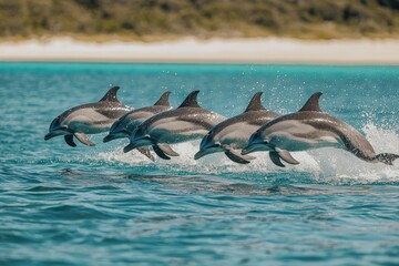 Group of Dolphins Leaping Out of Crystal Clear Water in Stunning Marine Environment