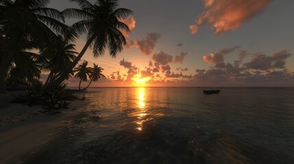 Tropical sunset beach scene with small boat